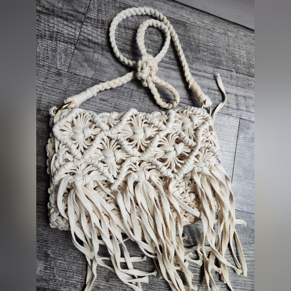 Boho Crochet Crossbody Bag Ivory Womens Fringe Macrame Handbag  Cotton Merona - Picture 1 of 7